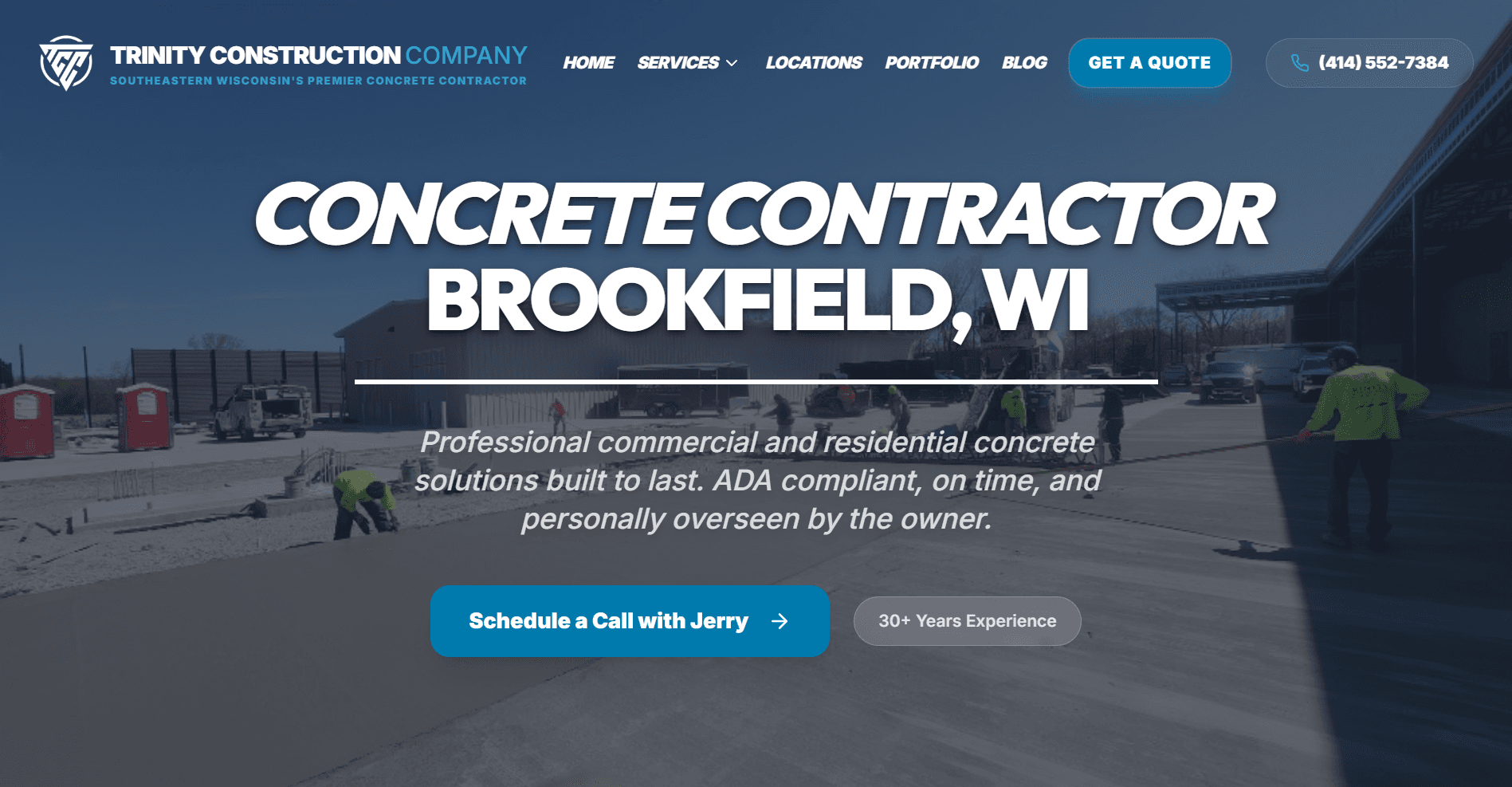 Trinity Construction Company website — concrete contractor in Brookfield, WI, built by GX Web Studio